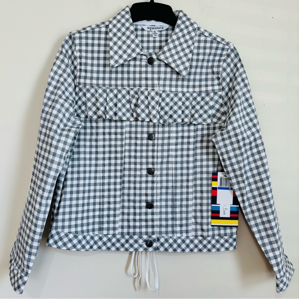 NEW NOWADAYS Y2K Preppy Grunge kids XL gingham plaid button up crop jean jacket